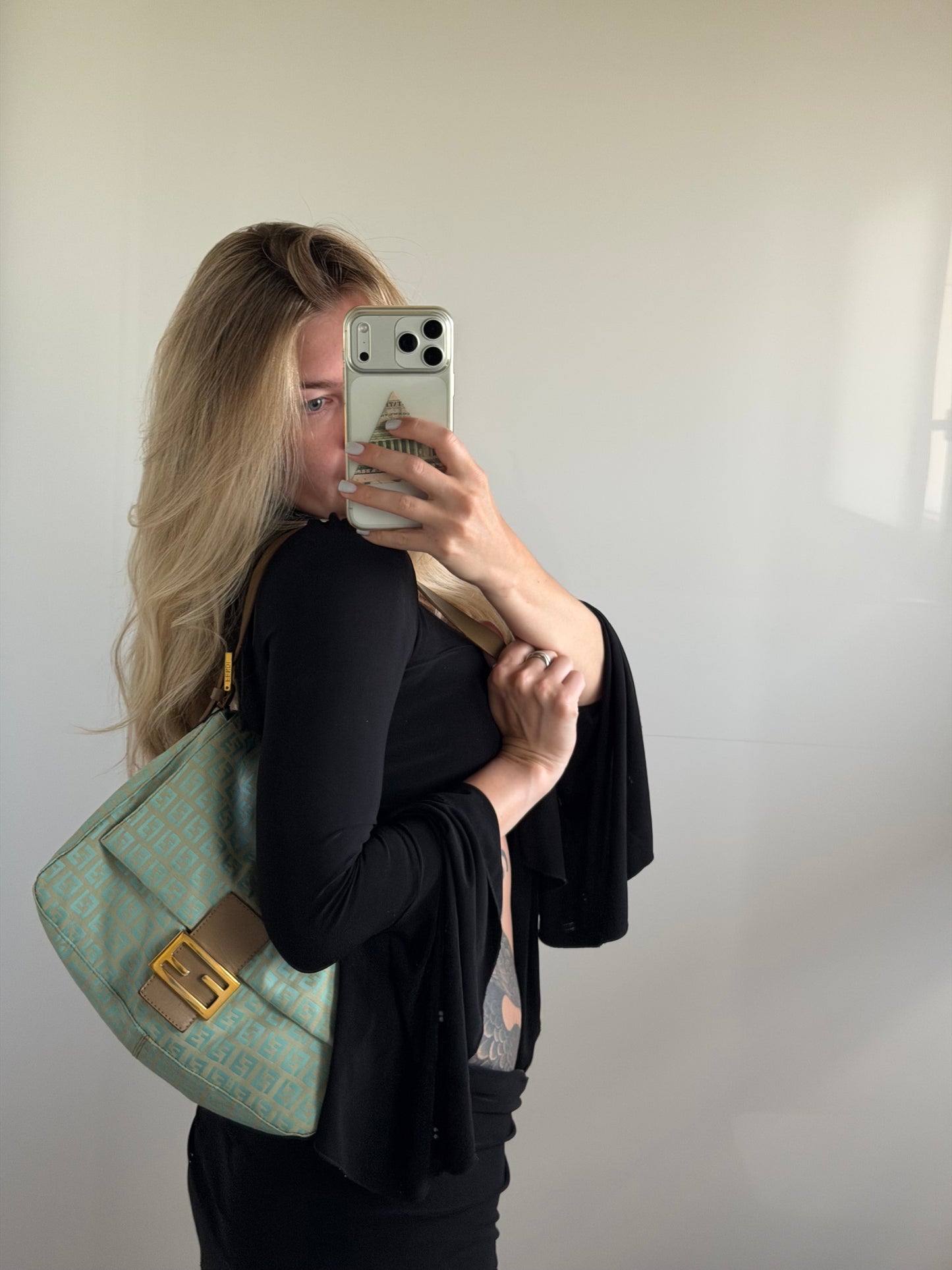 FENDI MAMA BAGUETTE BAG IN TURQUOISE ZUCCHINO CANVAS.