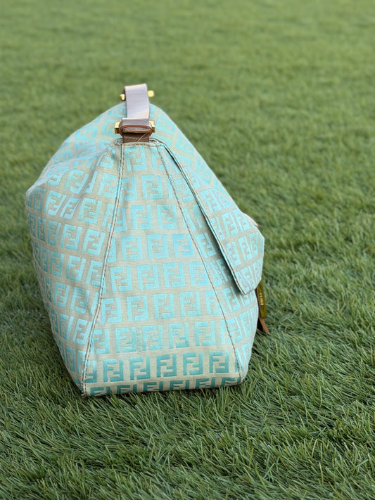 FENDI MAMA BAGUETTE BAG IN TURQUOISE ZUCCHINO CANVAS.