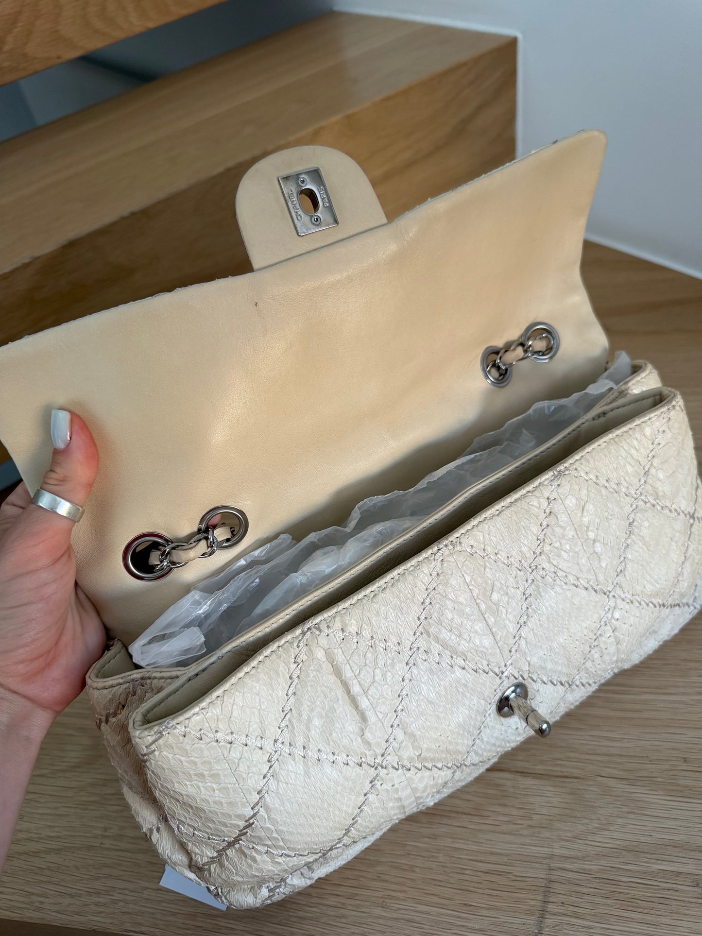 CHANEL ULTIMATE STITCH EAST-WEST WATER SNAKE FLAP BAG – BEIGE