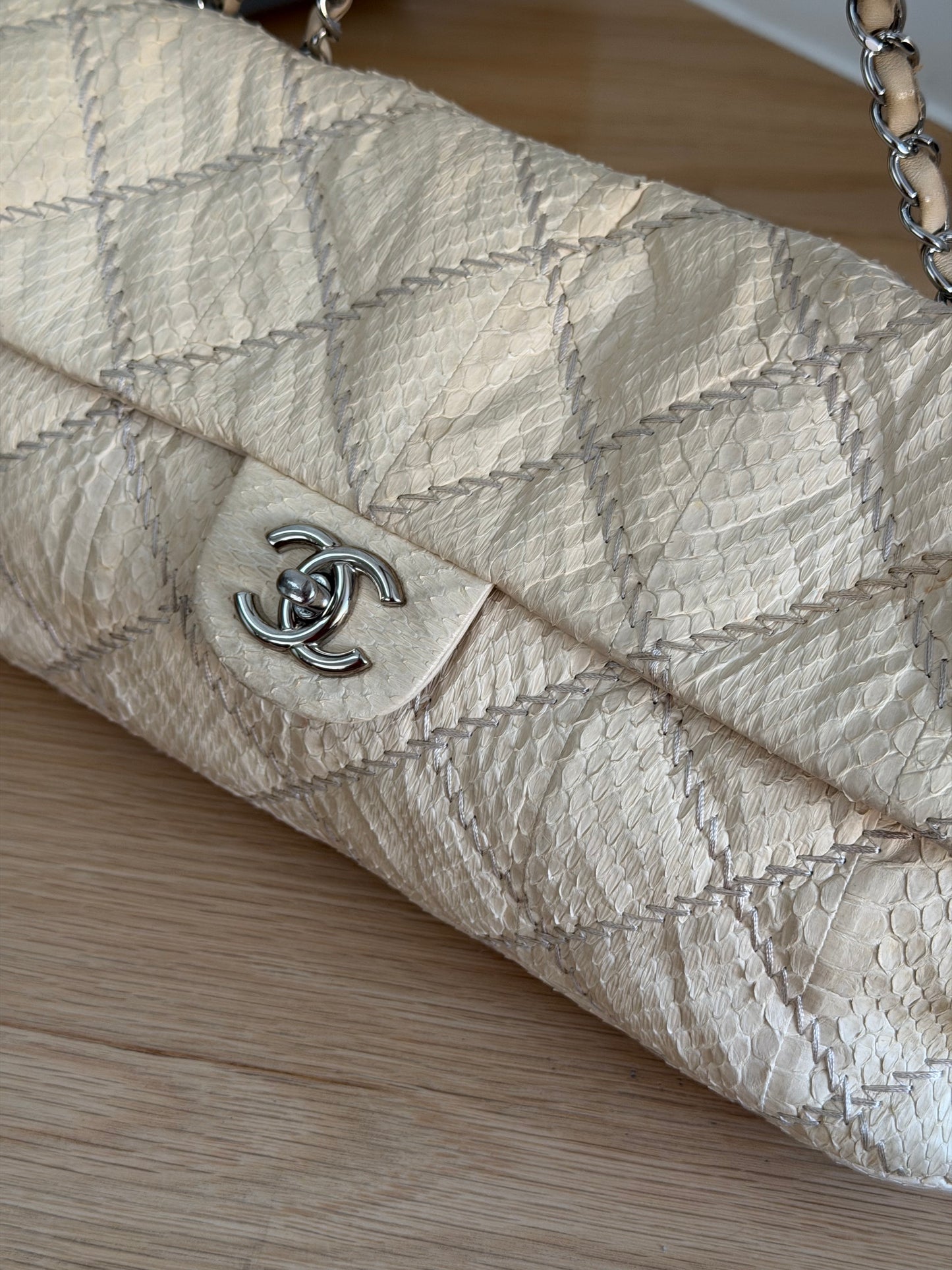 CHANEL ULTIMATE STITCH EAST-WEST WATER SNAKE FLAP BAG – BEIGE