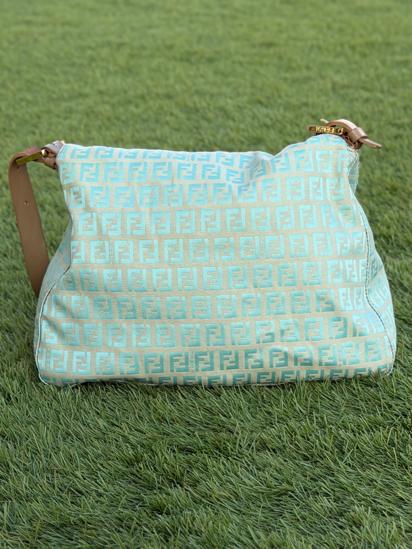 FENDI MAMA BAGUETTE BAG IN TURQUOISE ZUCCHINO CANVAS.