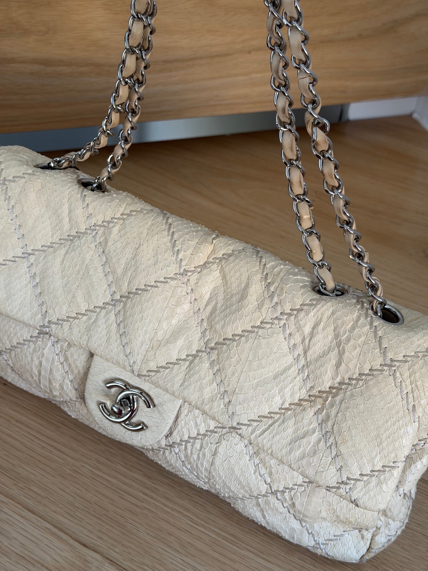 CHANEL ULTIMATE STITCH EAST-WEST WATER SNAKE FLAP BAG – BEIGE