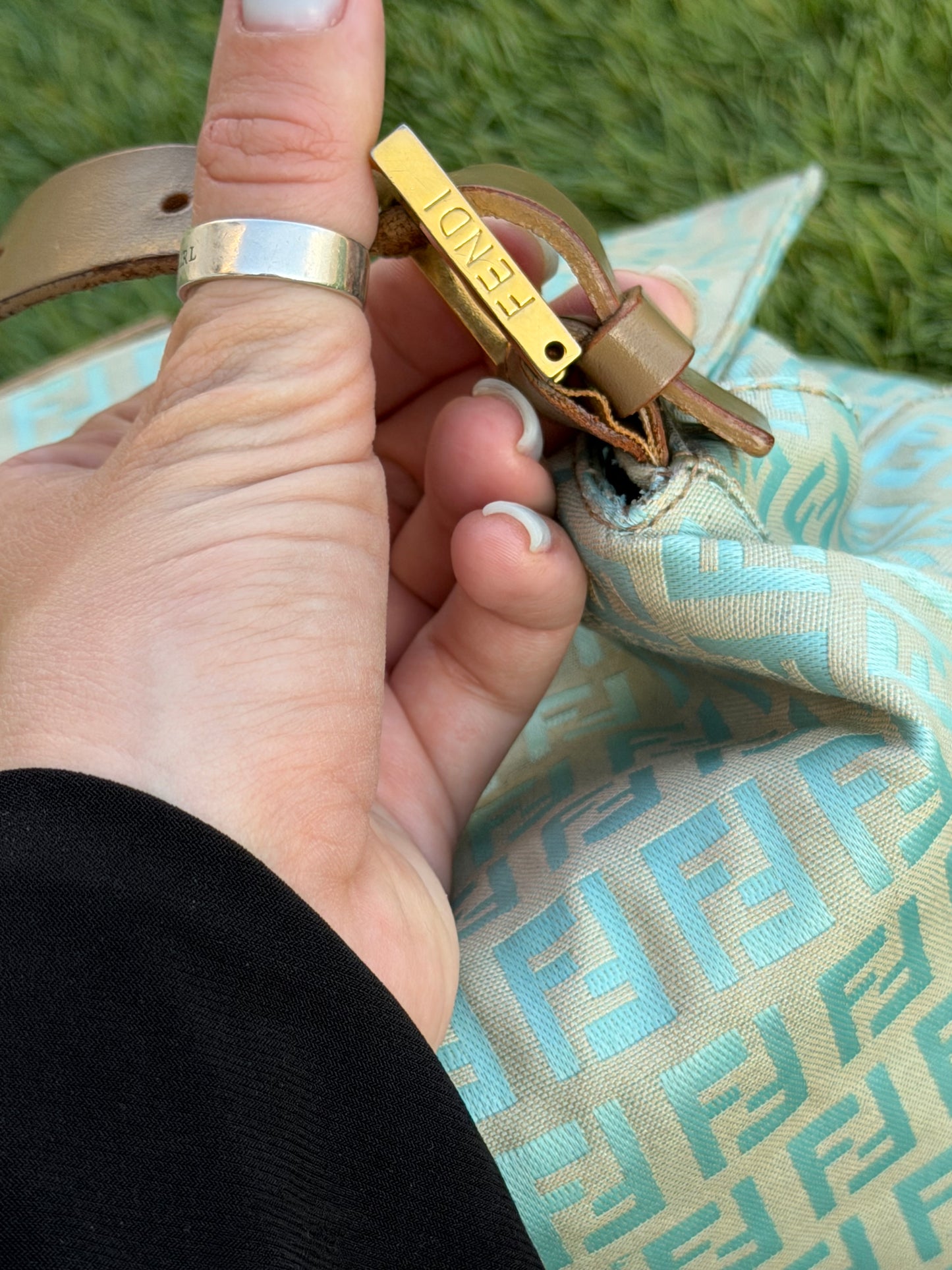 FENDI MAMA BAGUETTE BAG IN TURQUOISE ZUCCHINO CANVAS.