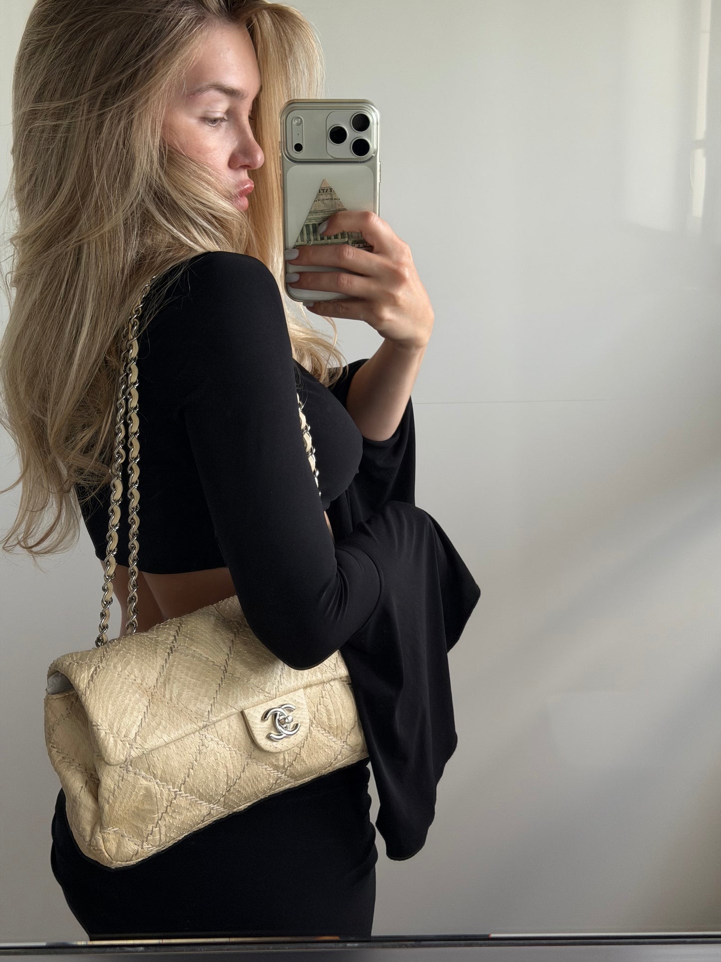 CHANEL ULTIMATE STITCH EAST-WEST WATER SNAKE FLAP BAG – BEIGE