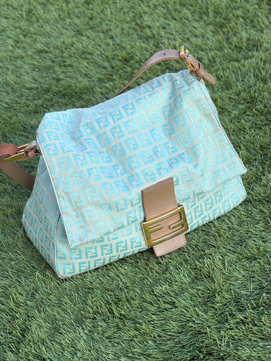 FENDI MAMA BAGUETTE BAG IN TURQUOISE ZUCCHINO CANVAS.