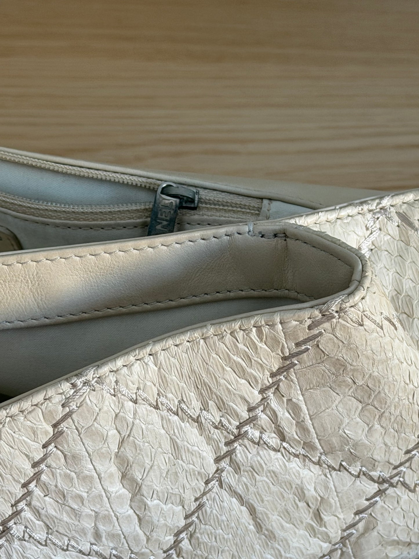 CHANEL ULTIMATE STITCH EAST-WEST WATER SNAKE FLAP BAG – BEIGE