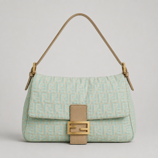 FENDI MAMA BAGUETTE BAG IN TURQUOISE ZUCCHINO CANVAS.